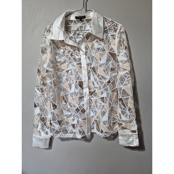 Coby CQ Tops - Coby CQ Womens White Gold Sequin Geometric Mesh Button Down Shirt NWT Large
